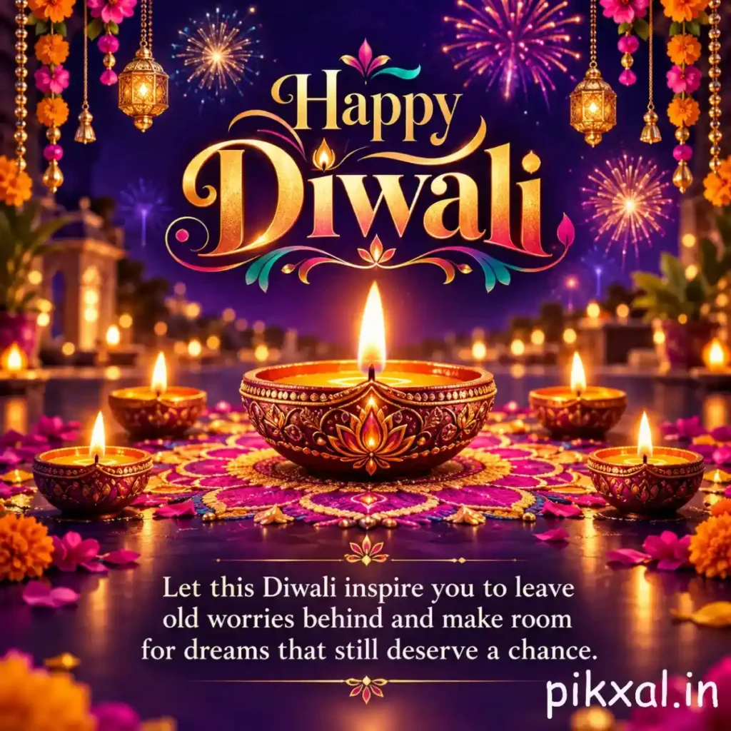 Happy Diwali inspirational quote image featuring a decorative diya, colorful rangoli, fireworks, and a message about leaving worries behind and making room for dreams.