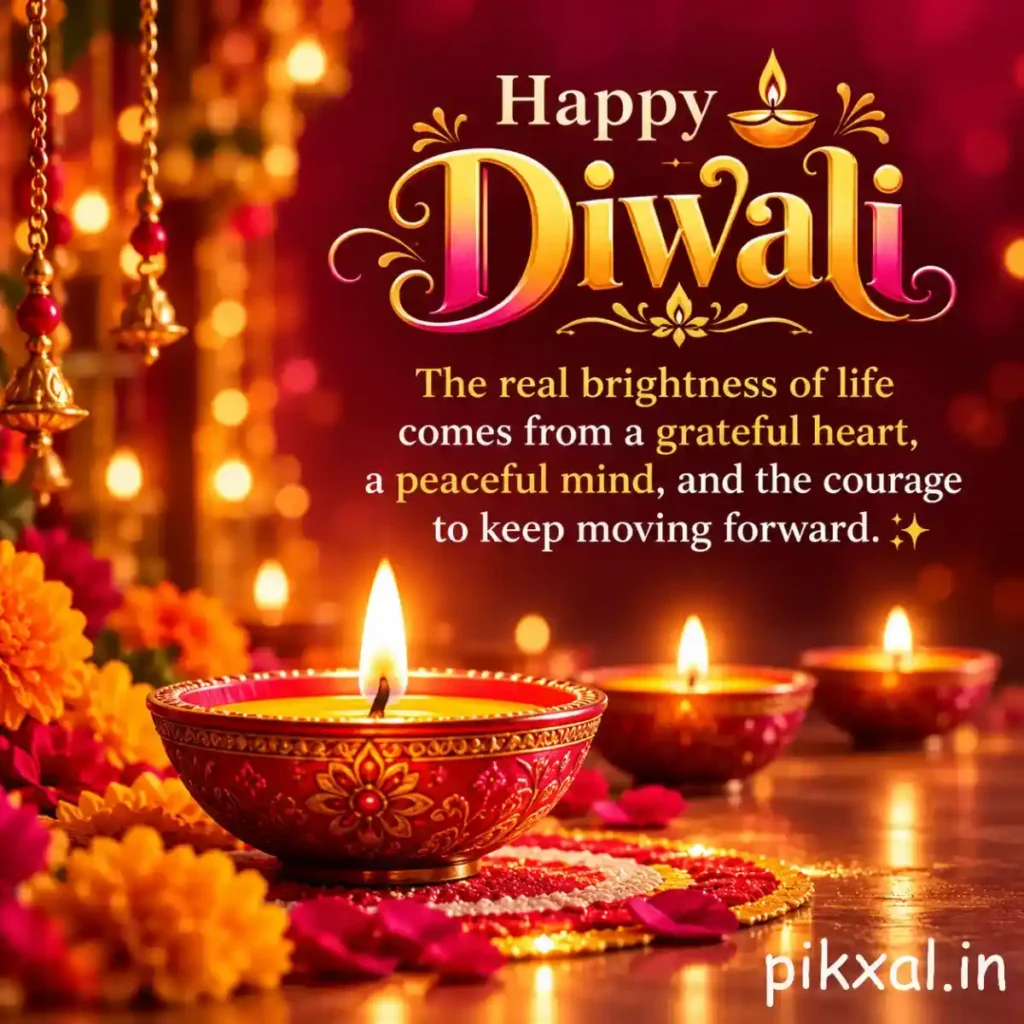 Happy Diwali inspirational quote featuring a traditional diya, marigold flowers, and warm golden lights with a message about inner brightness, a peaceful mind, and courage.