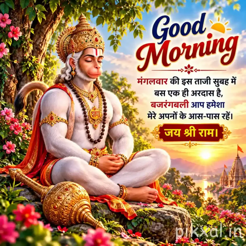 Jai Shri Ram good morning image of Lord Hanuman sitting in a flower garden with Hindi blessings