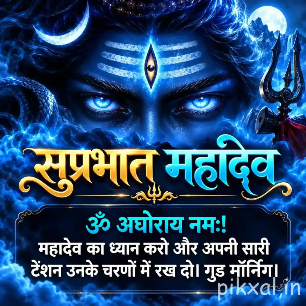 Lord Shiva Good Morning Images showing a blue cosmic depiction of Lord Shiva with a third eye, crescent moon and trident