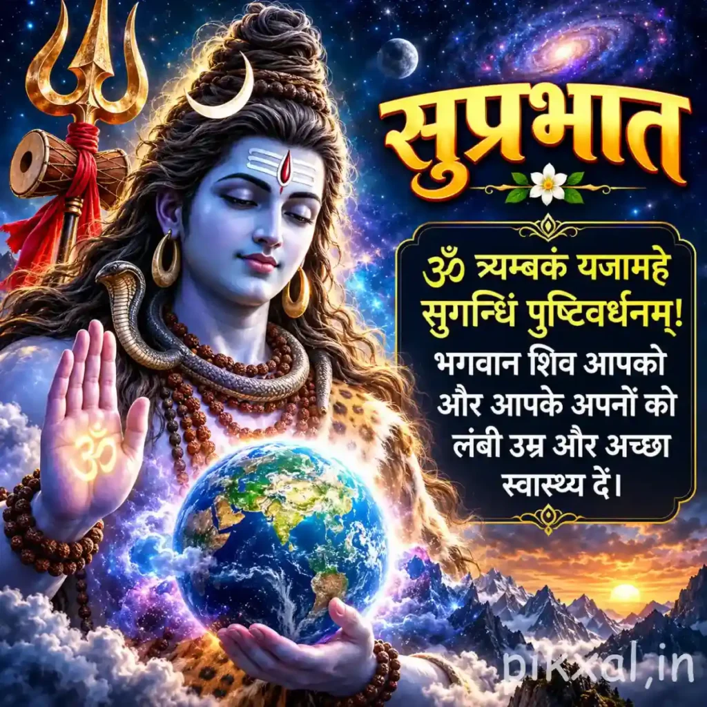 Lord Shiva Good Morning Images featuring Lord Shiva holding a glowing Earth with a trident and cosmic galaxies in the background