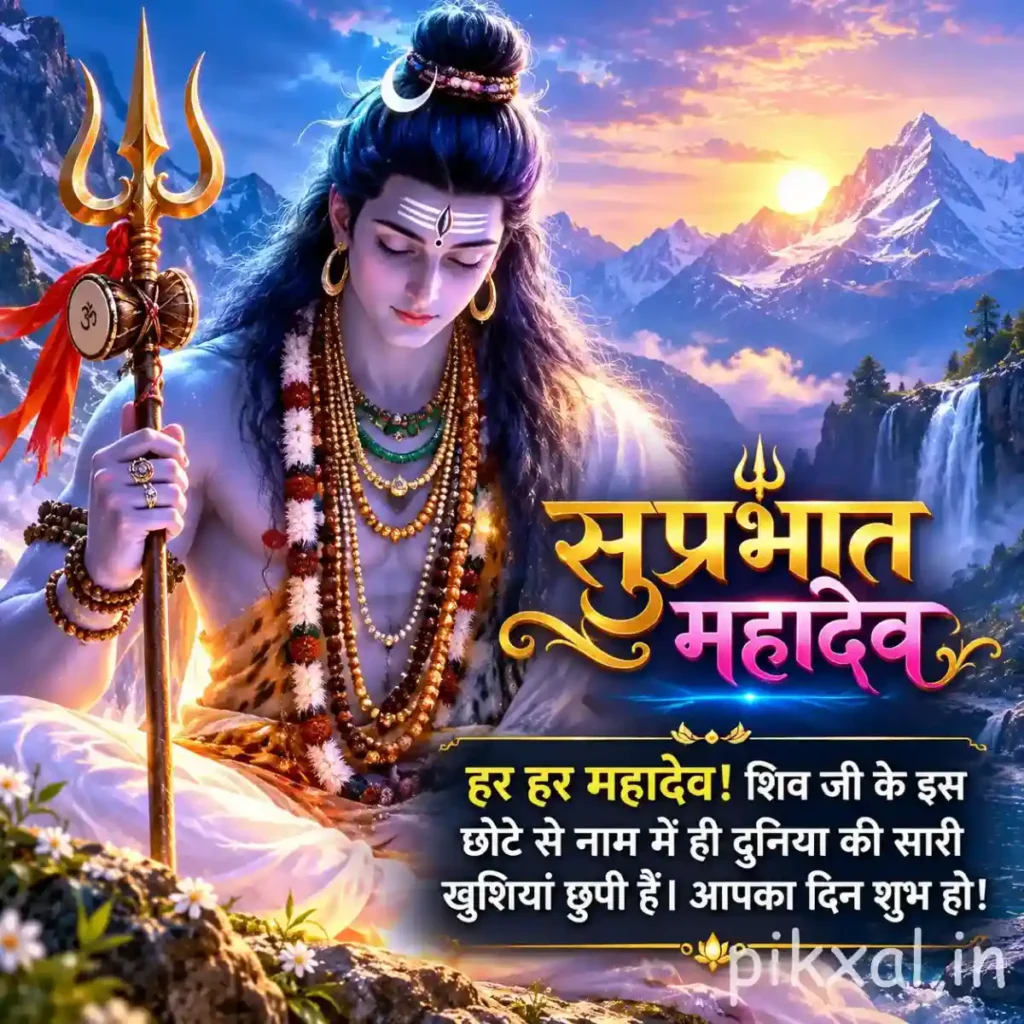 Lord Shiva Good Morning Images featuring Lord Shiva meditating beside snow-covered mountains with a trident