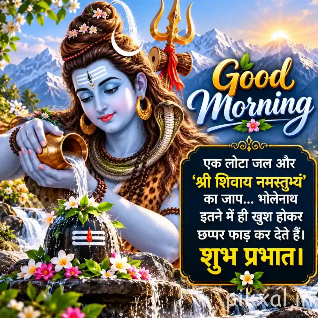 Lord Shiva Good Morning Images featuring Lord Shiva beside a Shiva Lingam with snow-covered mountains and a trident