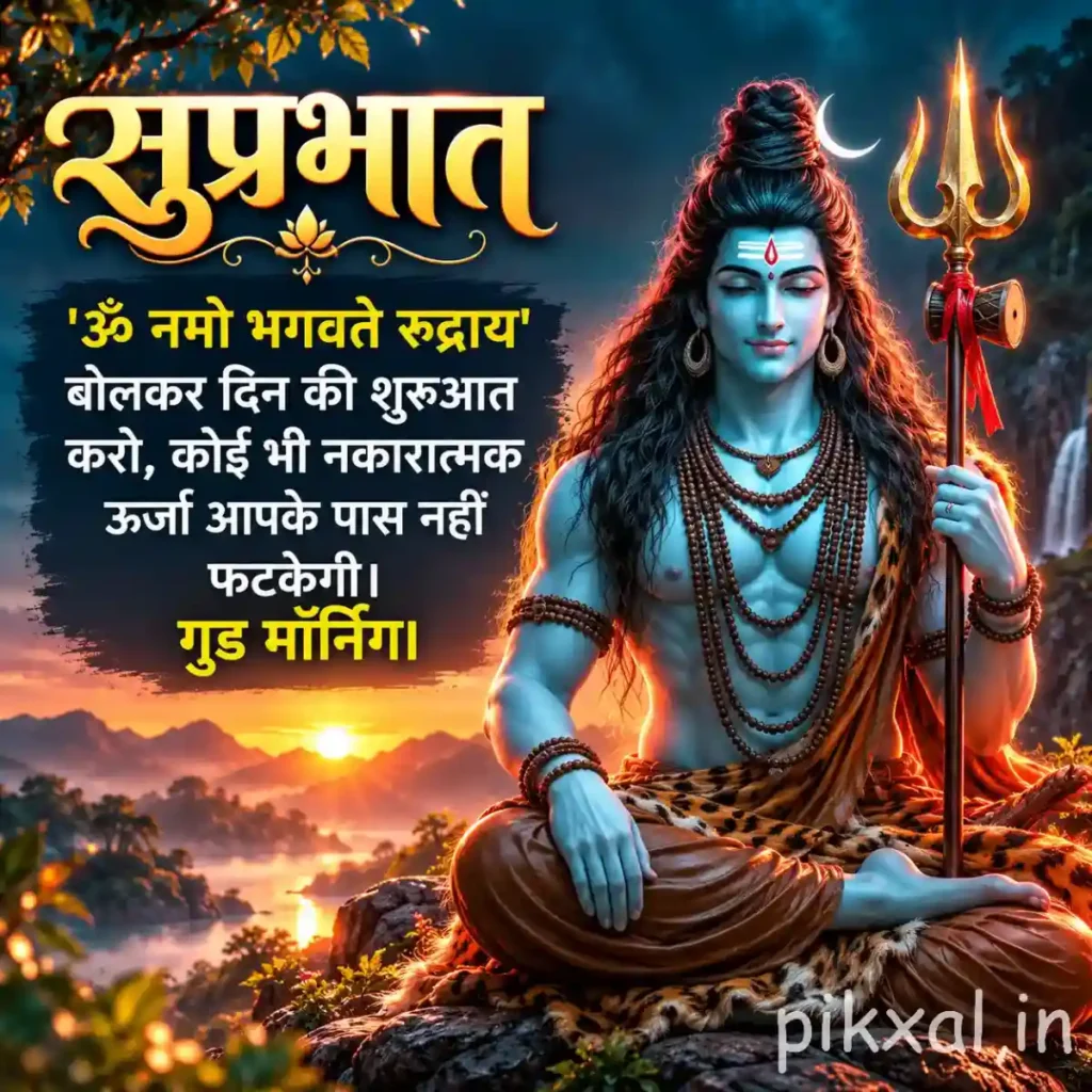 Lord Shiva Good Morning Images featuring a blue-toned Mahakal depiction with closed eyes and a glowing crescent moon