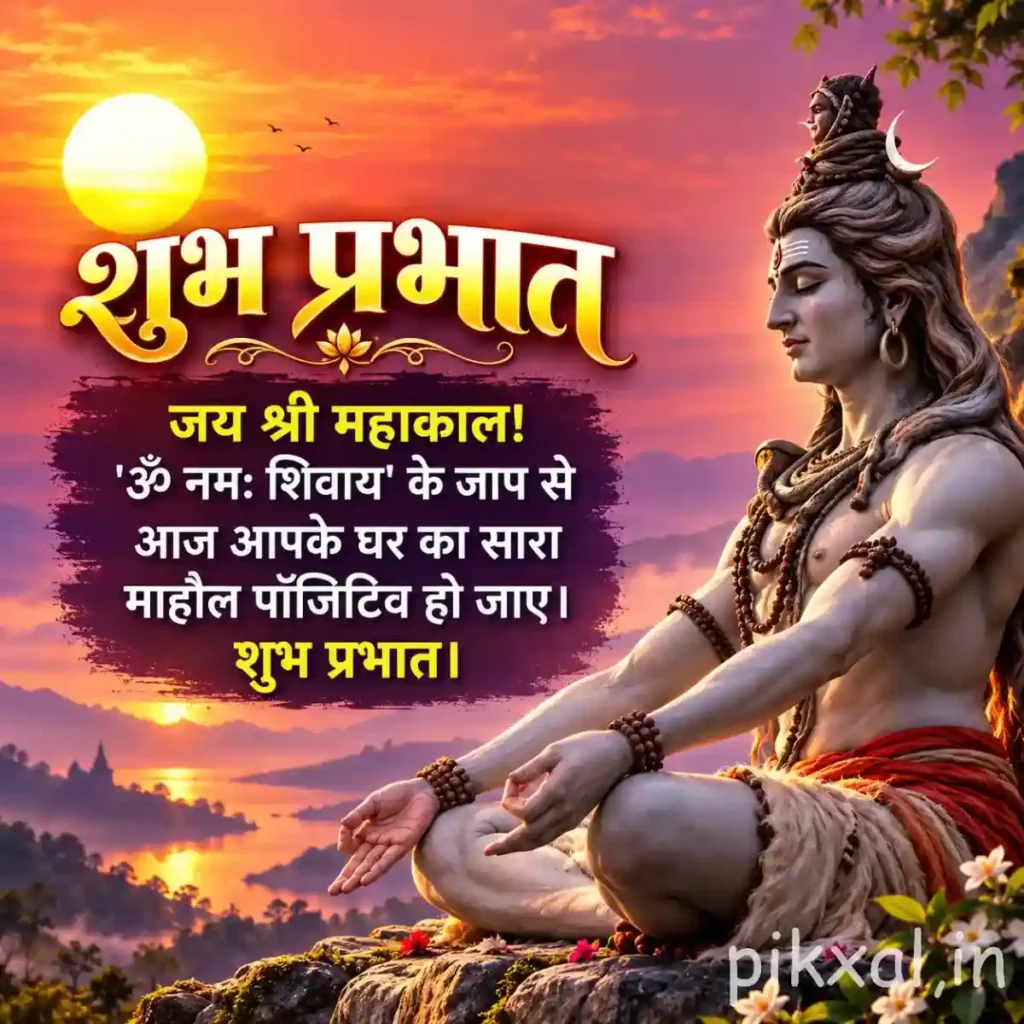 Lord Shiva Good Morning Images showing Lord Shiva meditating on a mountain at sunset with a trident
