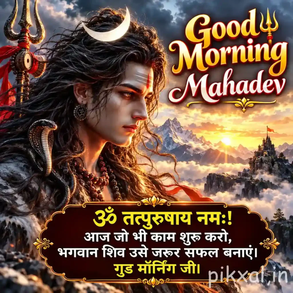 Lord Shiva Good Morning Images showing Lord Shiva in profile with a trident against a Himalayan sunset