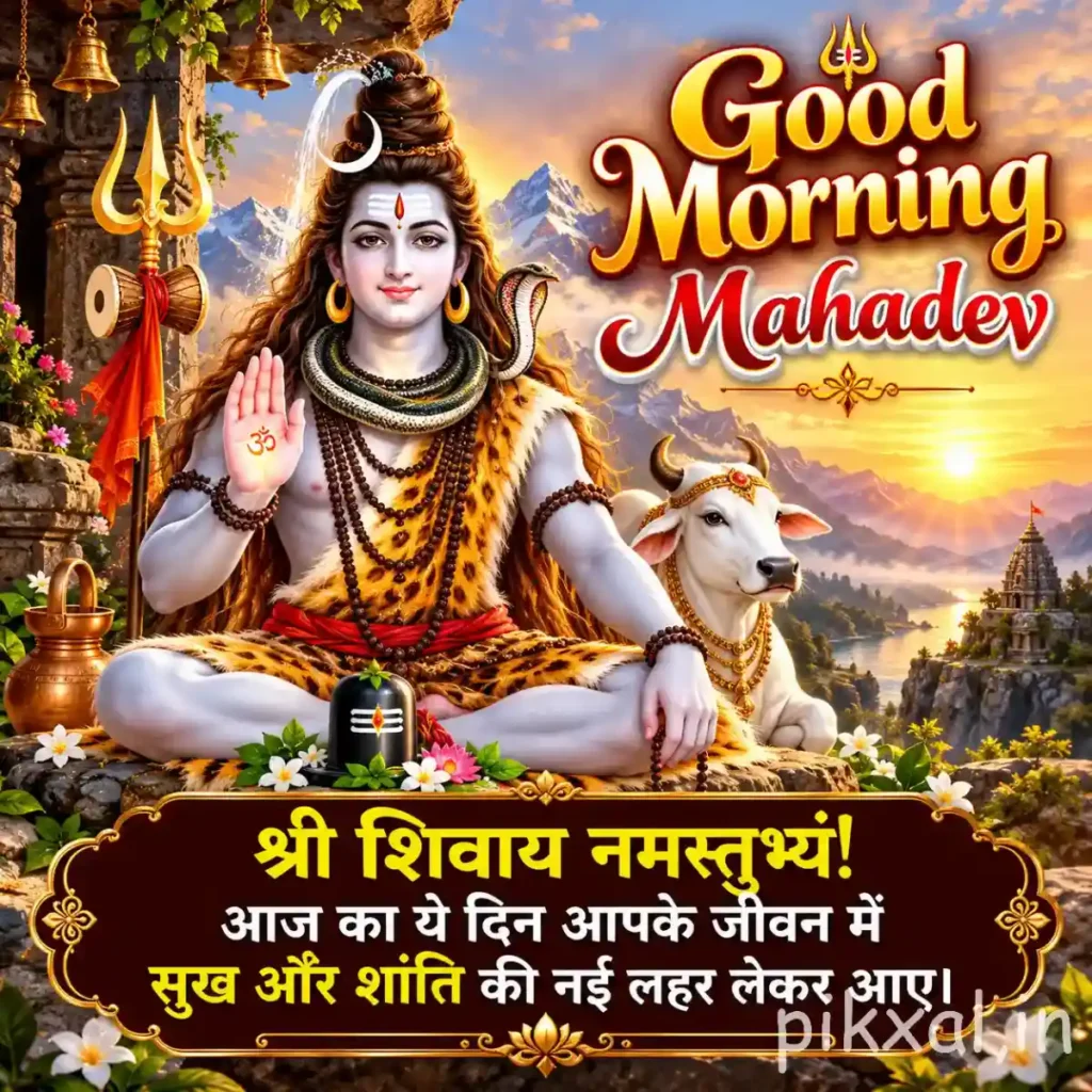 Lord Shiva Good Morning Images showing Lord Shiva seated beside Nandi with a golden halo and temple decorations