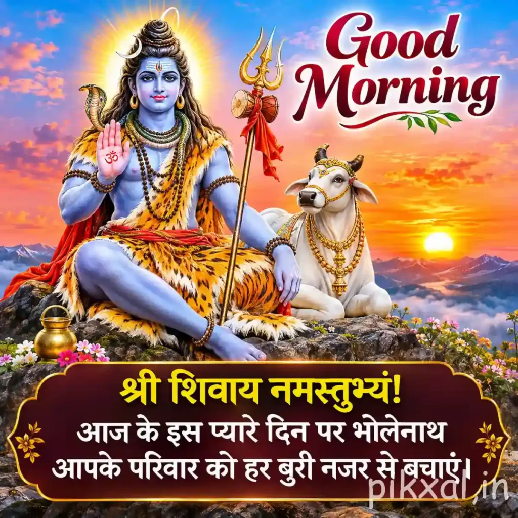 Lord Shiva Good Morning Images showing Lord Shiva seated beside Nandi against a warm orange sunrise