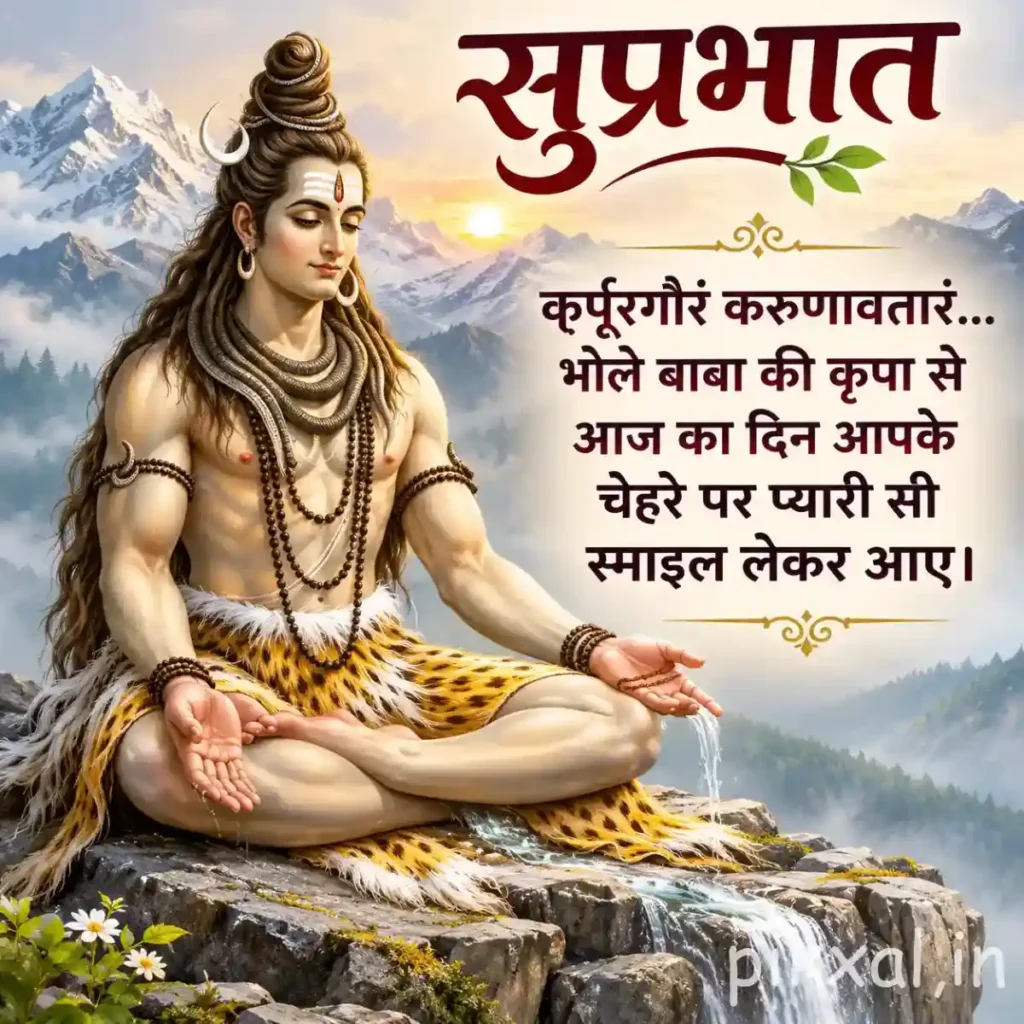 Lord Shiva Good Morning Images featuring Lord Shiva meditating on a rocky ledge with snow-covered Himalayan peaks
