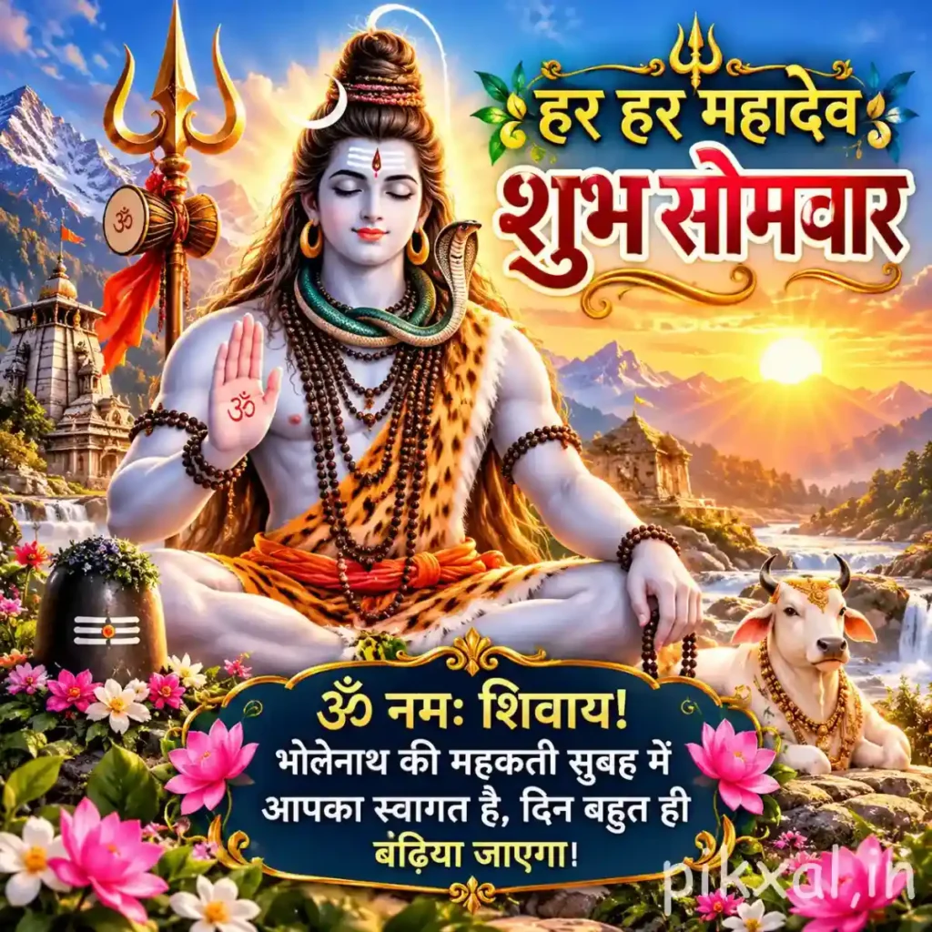 Lord Shiva Good Morning Images showing Lord Shiva meditating beside a Shiva Lingam with Nandi and pink flowers