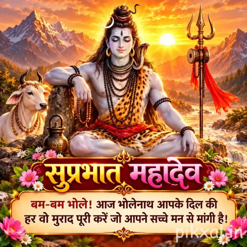 Lord Shiva Good Morning Images featuring Lord Shiva meditating on a rocky mountain with a trident and Nandi