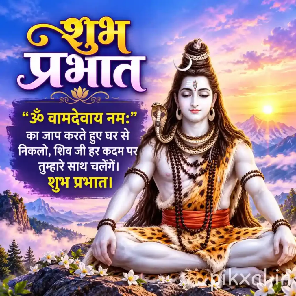Lord Shiva Good Morning Images featuring Lord Shiva meditating on a rocky mountain beneath a colorful sunrise