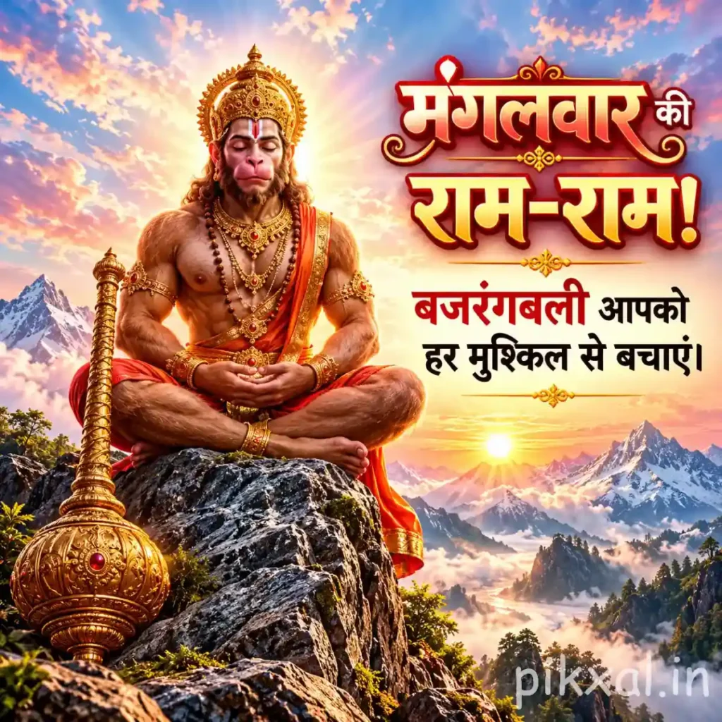Mangalwar Ram Ram good morning image featuring Lord Hanuman meditating on a rocky mountain at sunrise