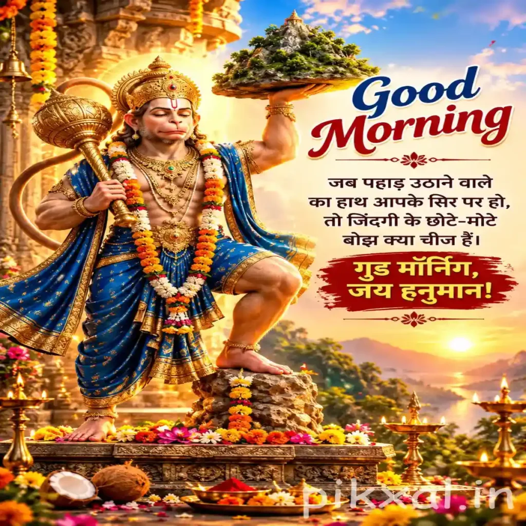 Sanjeevani Hanuman good morning image showing Lord Hanuman carrying the sacred mountain with a golden sunrise
