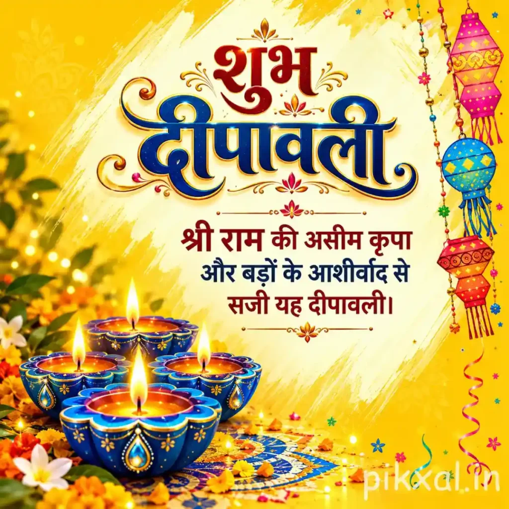 Shubh Diwali image featuring blue and golden decorative diyas, शुभ दीपावली Hindi text and a bright yellow festive background