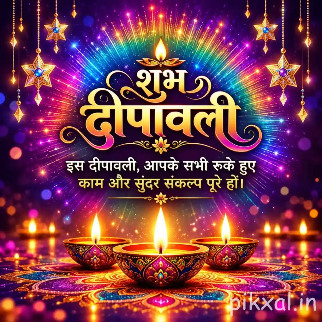 Shubh Diwali image featuring three glowing decorative diyas, colorful rangoli, festive lights and Hindi greetings
