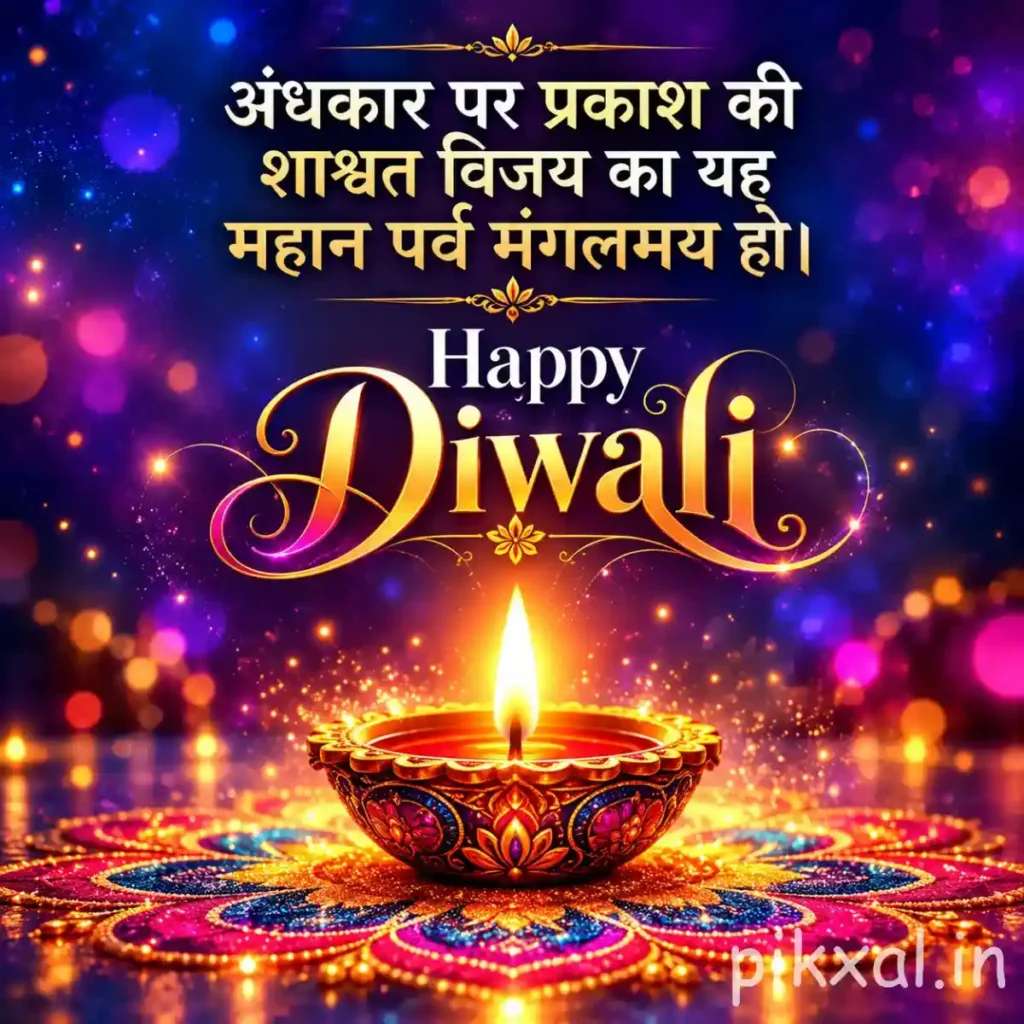 Shubh Diwali image featuring a glowing decorative diya, colorful rangoli and Hindi Diwali wishes on a vibrant festive background
