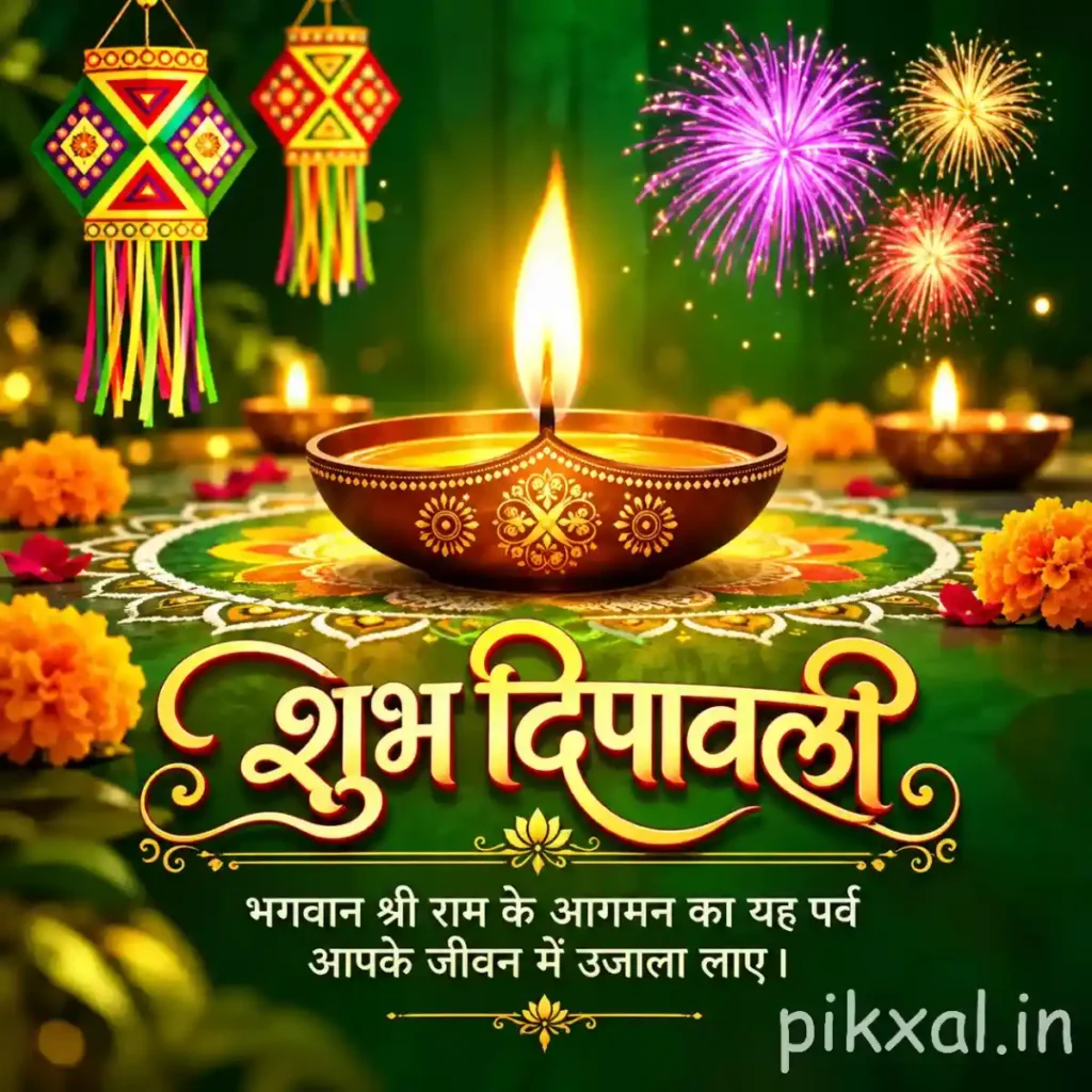 Shubh Diwali image featuring a glowing decorative diya, colorful fireworks, hanging ornaments and शुभ दीपावली wishes in Hindi