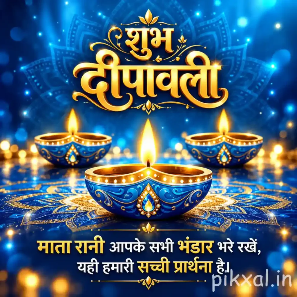 Shubh Diwali in Hindi image featuring शुभ दीपावली lettering, three blue and golden diyas and intricate rangoli patterns