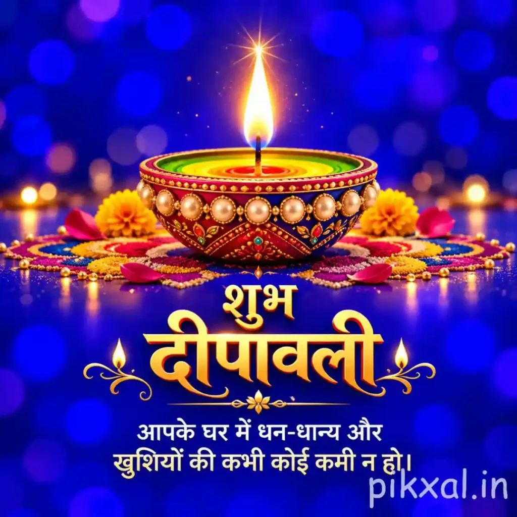 Shubh Diwali in Hindi text image featuring a decorative golden diya, pink flowers, a blue festive background and शुभ दीपावली lettering