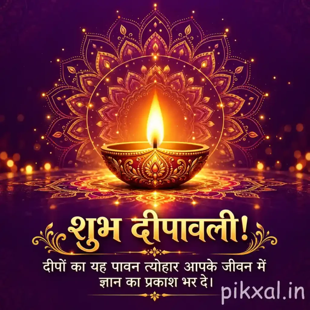 Shubh Diwali in Hindi text image featuring a golden glowing diya, intricate mandala patterns and a purple festive background