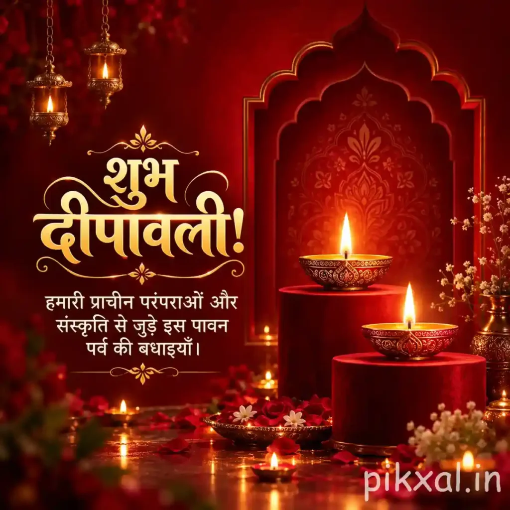 Shubh Diwali in Hindi text featuring शुभ दीपावली lettering, glowing diyas and an ornate red decorative arch