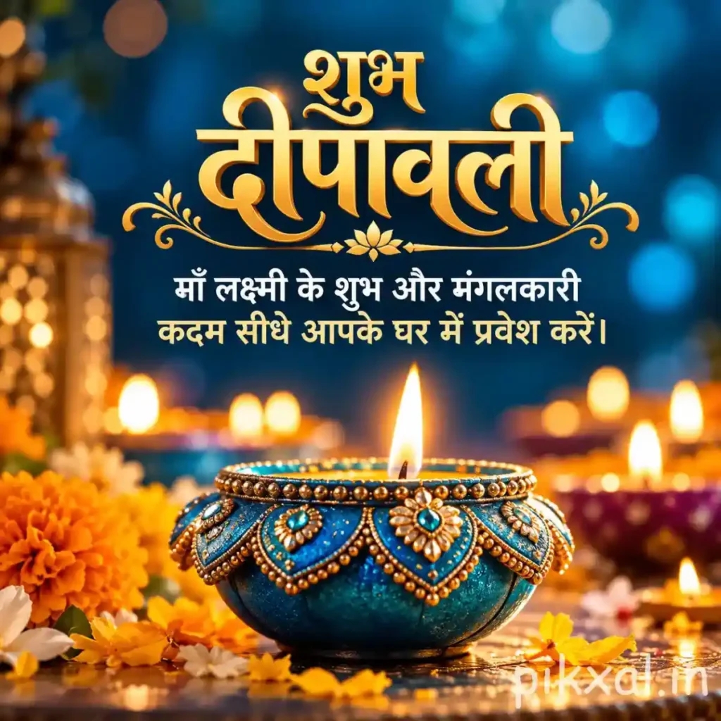 Shubh Diwali wishes in Hindi featuring शुभ दीपावली text, a blue and golden decorative diya and marigold flowers