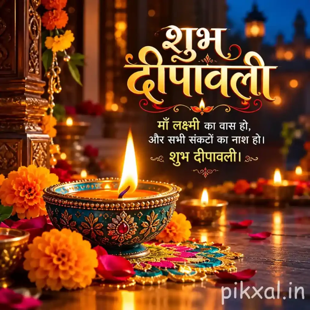 Shubh Diwali wishes in Hindi featuring शुभ दीपावली text, a colorful decorative diya, marigold flowers and festive lights