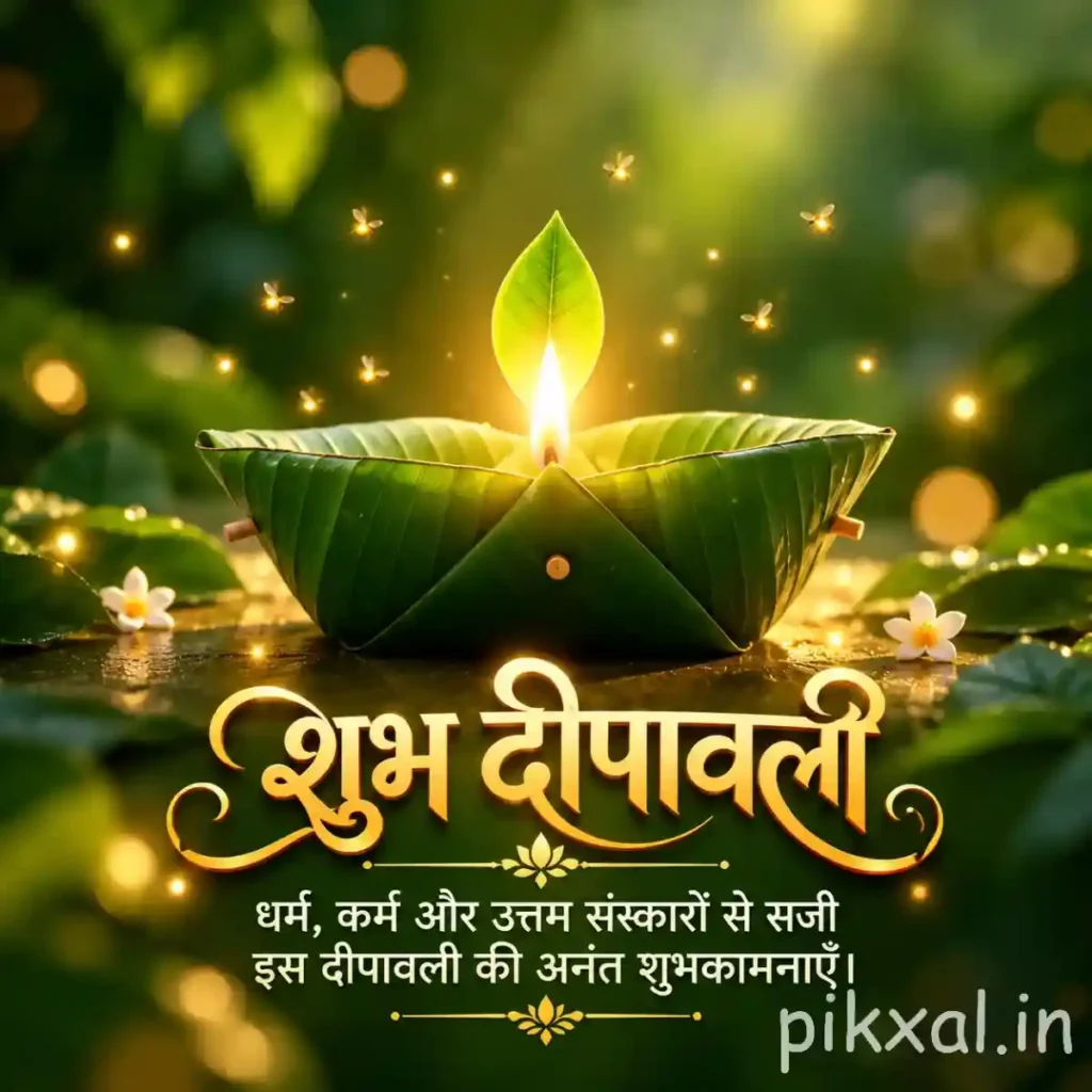 Shubh Diwali wishes in Hindi featuring a green leaf-shaped diya, glowing flame and शुभ दीपावली text against a natural green background