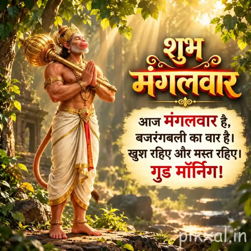 Shubh Mangalwar good morning image of Lord Hanuman standing in a peaceful green forest with a golden mace