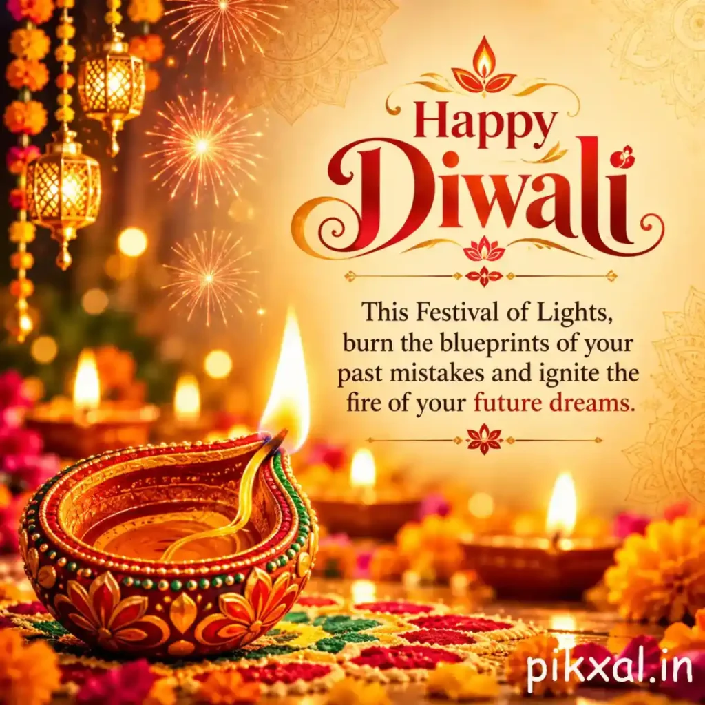 Unique Diwali quote in English featuring a decorative clay diya, golden lights, and a message about learning from past mistakes and igniting the fire of future dreams.