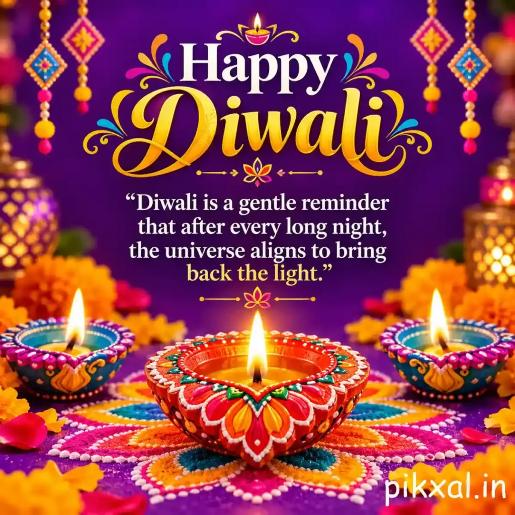 Unique Diwali quote in English with colorful diyas and the message that even after every long night, the universe brings back the light.
