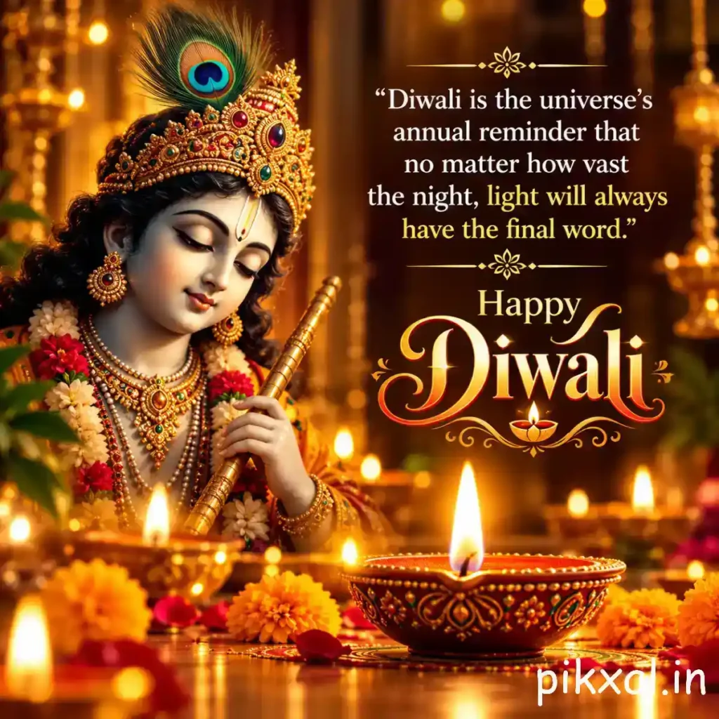 Unique Diwali quotes in English featuring a devotional image of Lord Krishna and a glowing diya, with a message that light will always overcome darkness.