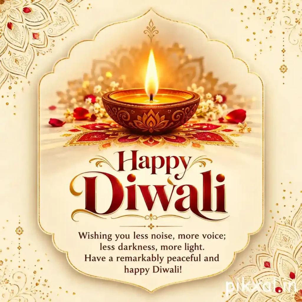 Unique Diwali quotes in English featuring a glowing diya on an elegant cream greeting card with a message wishing less noise, more light, and a peaceful Diwali.
