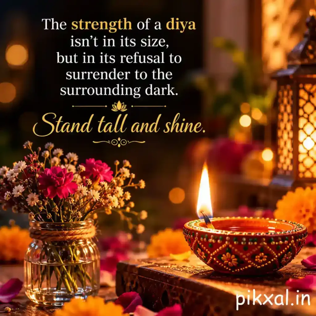 Unique Diwali quotes in English featuring a glowing clay diya and flowers, with the message that true strength lies in refusing to surrender to darkness.