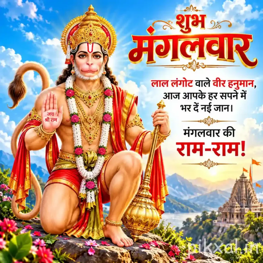 Veer Hanuman good morning image showing Lord Hanuman with a golden crown, mace and Hindi Tuesday wishes